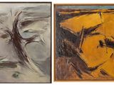 two paintings of different colors and shapes on a white background