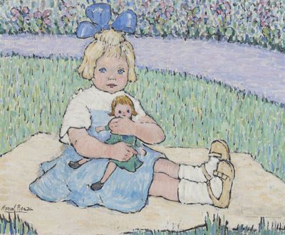 a painting of a little girl sitting on a blanket holding a doll