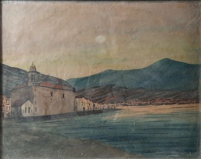 painting of a view of a village with a church and a body of water