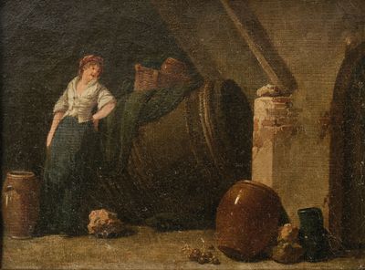 tableau représentant une femme assise sur un rebord, à côté d'un tonneau et d'un chat