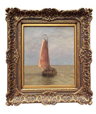 an oil painting of a sailboat in the water with a red sail