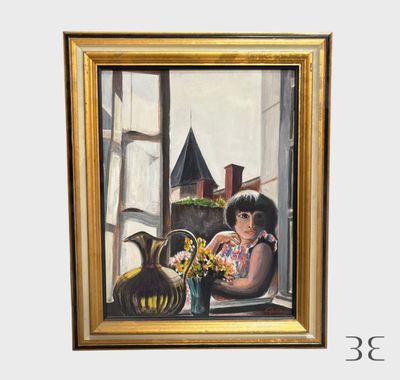 un tableau représentant une femme assise à une table près d'une fenêtre