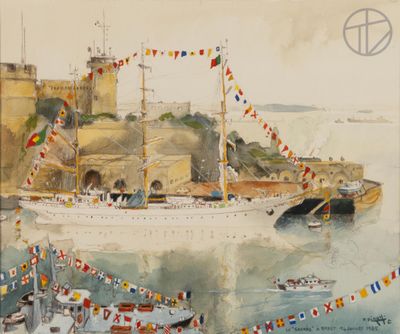 a painting of a ship in the water with flags on it