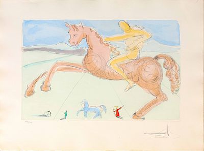 un dessin représentant un homme à cheval dans un champ