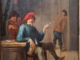 a painting of a man sitting at a table smoking a cigarette
