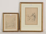 deux dessins encadrés représentant un homme et une femme assis sur un banc