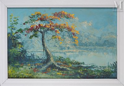 un tableau représentant un arbre au bord d'un lac
