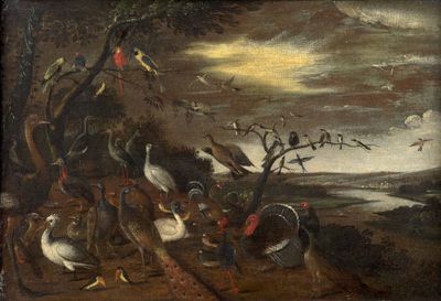 une image représentant un tableau où figurent des oiseaux et d'autres animaux dans un environnement boisé