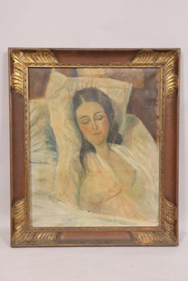 painting of a woman laying in bed with her eyes closed