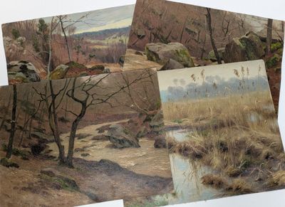 four postcards of paintings of a landscape with trees and a stream