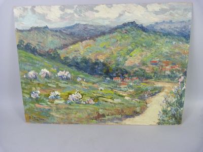 an oil painting of a hilly landscape with sheep grazing in the foreground