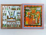 deux tableaux encadrés représentant un homme et une femme dans un temple