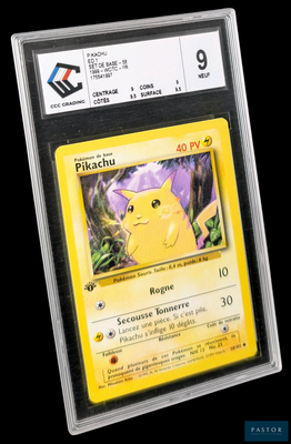 La carte Pokémon se trouve dans un étui en plastique transparent sur fond noir.
