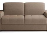 the couch is made of fabric and has a wooden frame