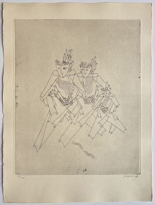an old drawing of a man and a woman on a horse