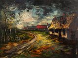 an oil painting of a country road with a thatched roofed house in the distance