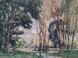 une peinture à l'huile représentant des arbres et de l'eau dans un espace verdoyant