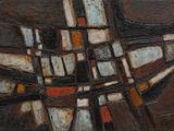 abstract painting of a brown, blue, and orange geometric design