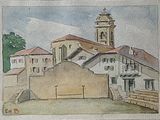 a painting of a building with a clock tower in the background