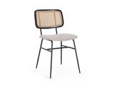the back of a chair with a black frame and a beige seat