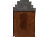 an image of a wooden clock with a black face on it