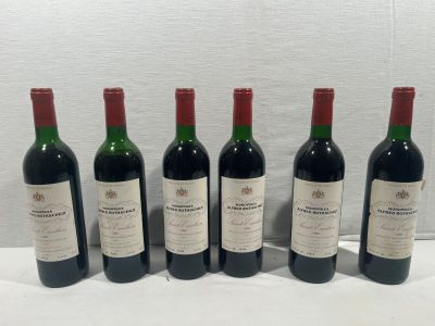 six bouteilles de vin sont alignées sur une surface blanche