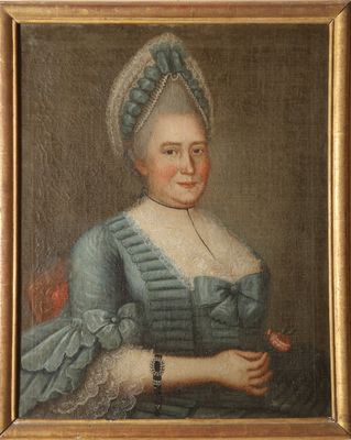 an old painting of a woman in a blue dress holding a flower