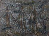 une peinture représentant un groupe de personnes sur un mur de pierre