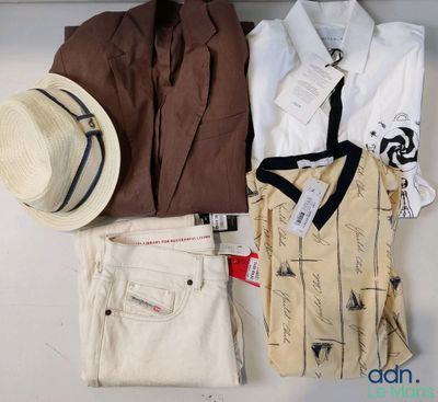 a hat, shirt, tie, shirt, and pants laid out on a table