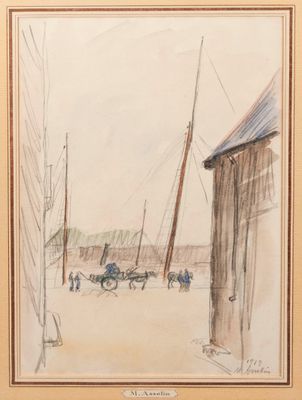 drawing of a horse drawn carriage in front of a barn