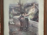 framed picture of two children with a bird on a fence