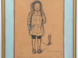 dessin représentant une petite fille avec un chien et un chat en laisse