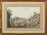 an old painting of a landscape with a man and a dog