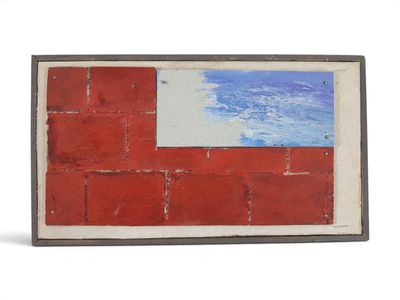 une peinture représentant un mur de briques rouges avec un ciel bleu en arrière-plan