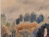 a watercolor painting of a person walking down a path
