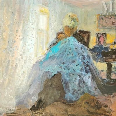 painting of a woman in a blue dress sitting in a chair