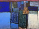 peinture abstraite représentant un bâtiment bleu et rouge au toit rouge
