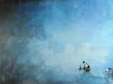 un tableau représentant un homme et un chien dans un bateau