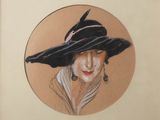 painting of a woman wearing a black hat and a white shirt
