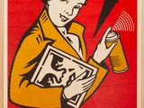 une affiche représentant une femme tenant une canette de soda et une bombe aérosol