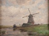 peinture représentant un moulin à vent dans un champ, près d'un plan d'eau