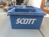 three blue bins that are sitting on the floor