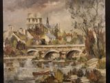 painting of a painting of a bridge over a river with a castle in the background