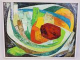 peinture représentant une corbeille de fruits posée sur une table, sur fond blanc