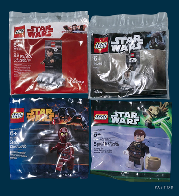 three bags of lego star wars minifigurs on a blue background