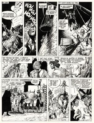 une page d'une bande dessinée avec, en arrière-plan, un homme à cheval