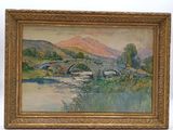 une peinture à l'huile représentant un pont enjambant une rivière, avec des montagnes en arrière-plan