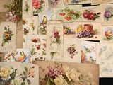many cards with flowers and birds on them on a table