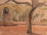 a painting of a statue in the middle of a park