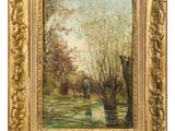 une peinture à l'huile représentant une scène de rivière avec un bateau dans l'eau
